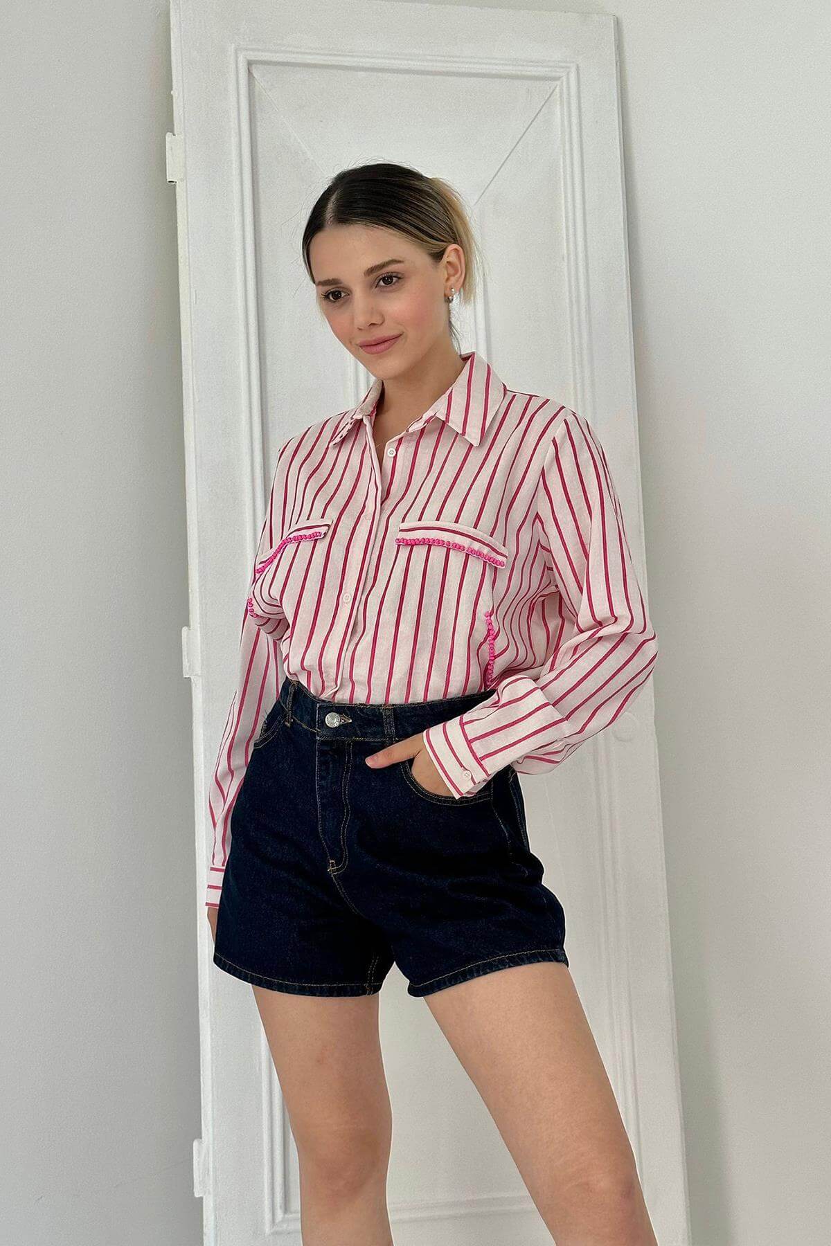 Chemise classique Perlée Pierre Rayée - Fuchsia – Image 5