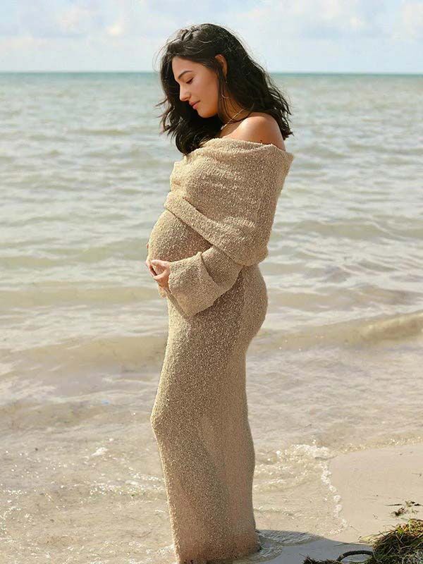 Beaumama robe longue grossesse élégant enceinte shooting vacances crochet tricot poilu plissé moulante femme enceinte – Image 7