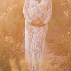 Beaumama robe longue de grossesse transparente dentelle shooting seance photo femme enceinte