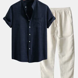Ensemble chemise à manches courtes avec col montant et pantalon en lin à coupe droite