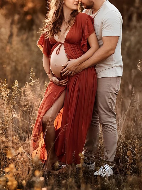 Beaumama robes longue grossese enceinte shooting volants coulisse taille boutonnage femme enceinte – Image 6