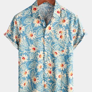 Chemise à manches courtes en coton à motif floral pour hommes
