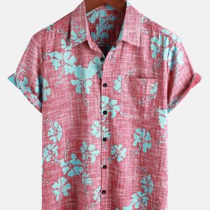 Chemise hawaïenne rouge à manches courtes pour hommes avec motif floral