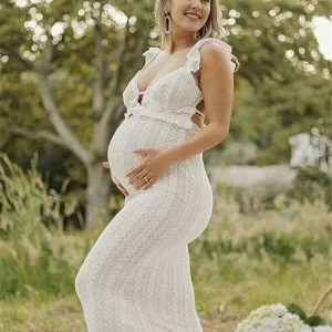 Beaumama robe shooting longue grossesse photo tricot élégant volants moulante dos nu enceinte femme enceinte