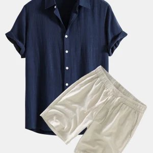 Chemise en lin et viscose à boutons avec shorts en lin à cordon de serrage