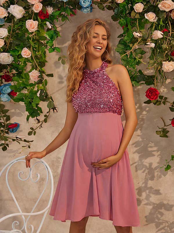 Beaumama robes courte grossesse brillante paillette dos nu licou élégant femme enceinte – Image 4