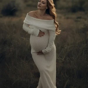 Beaumama robe longue grossesse babyshower shooting chic crochet tricot épaule dénudée cérémonie femme enceinte