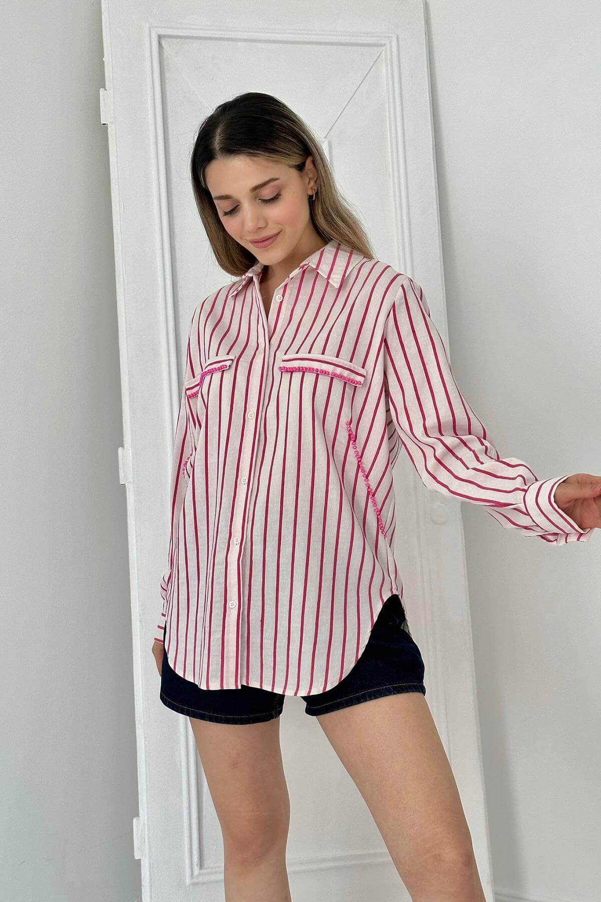 Chemise classique Perlée Pierre Rayée - Fuchsia – Image 2