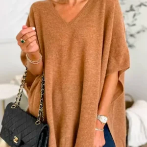 ERICA - Pull poncho uni à col V et coupe ample