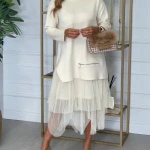 TAYLOR - Ensemble haut en maille à col roulé zippé et jupe ample élastique