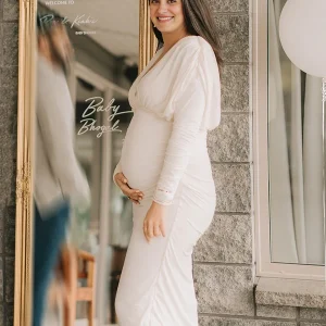 Beaumama robe longue de grossesse shooting moulante plissé décolleté plongeant tenue babyshower femme enceinte