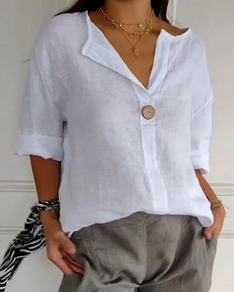 ARAI - HAUT EN COTON ET LIN À COL EN V AVEC BOUTONS