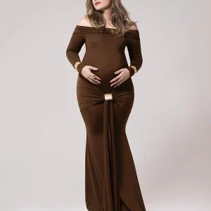 Beaumama robes longue grossesse élégant enceinte shooting boucle moulante plissé nœud épaule dénudée femme enceinte