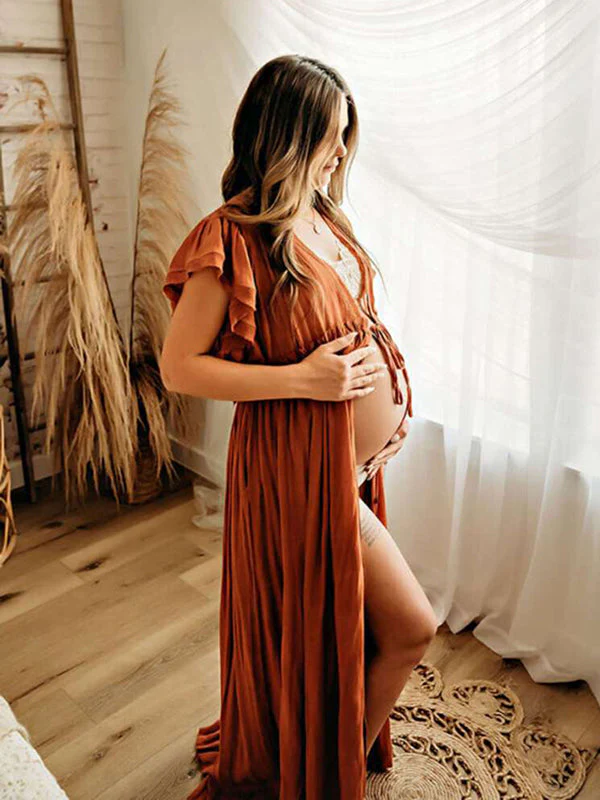 Beaumama robes longue grossese enceinte shooting volants coulisse taille boutonnage femme enceinte – Image 7