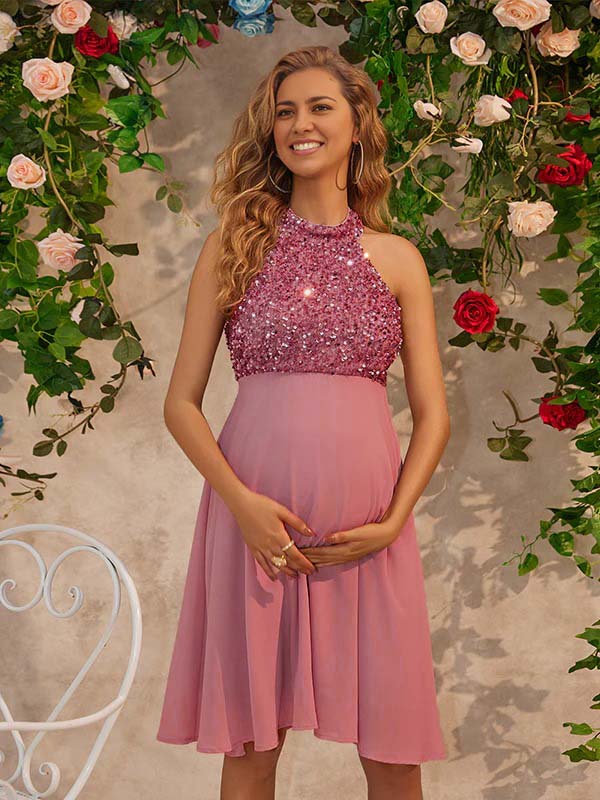 Beaumama robes courte grossesse brillante paillette dos nu licou élégant femme enceinte