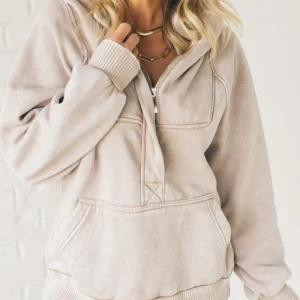 NALAS - Sweat à capuche en molleton délavé à fermeture éclair Henley