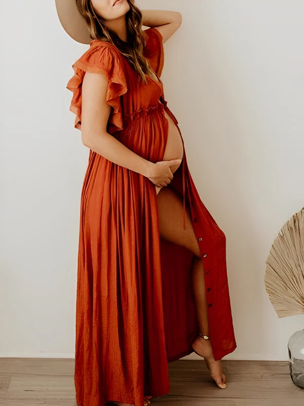 Beaumama robes longue grossese enceinte shooting volants coulisse taille boutonnage femme enceinte – Image 4