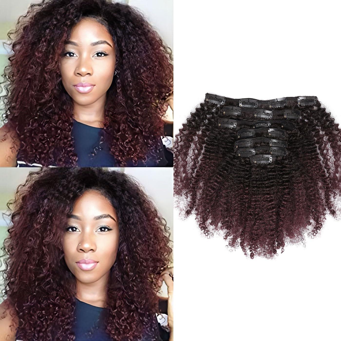 afro kinky curly clips in hair color 1b/99j extensions à clips cheveux 100% naturel couleur Bordeau – Image 4