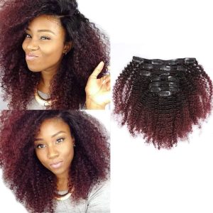afro kinky curly clips in hair color 1b/99j extensions à clips cheveux 100% naturel couleur Bordeau