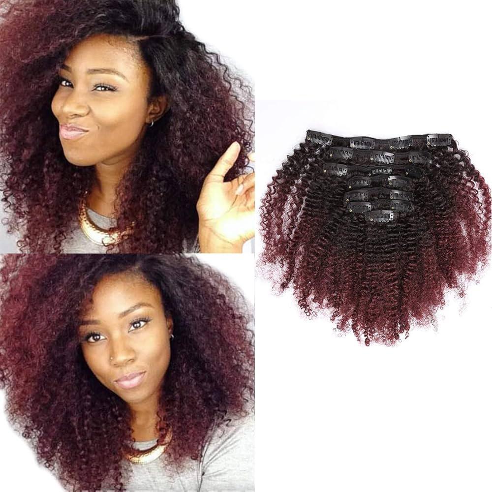 afro kinky curly clips in hair color 1b/99j extensions à clips cheveux 100% naturel couleur Bordeau