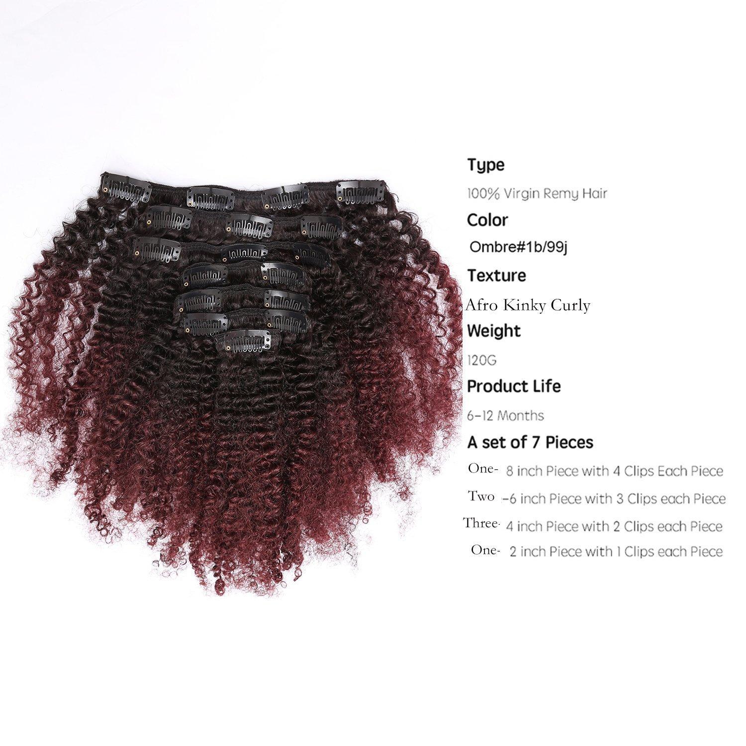 afro kinky curly clips in hair color 1b/99j extensions à clips cheveux 100% naturel couleur Bordeau – Image 3