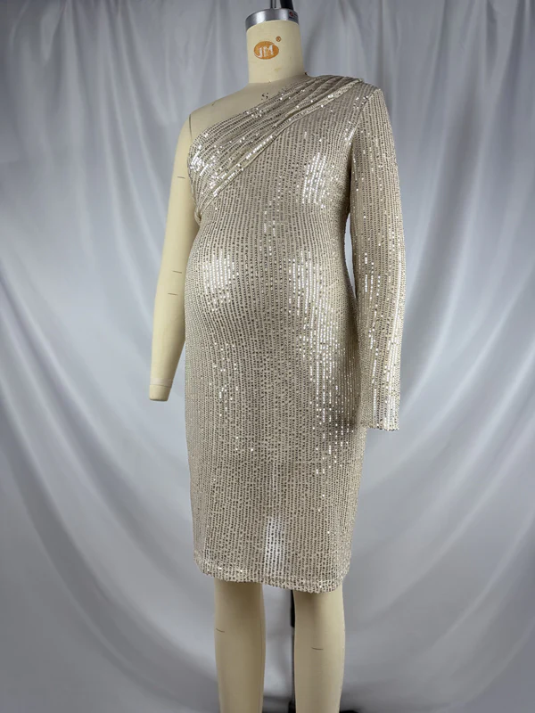 Beaumama robes courte grossesse brillante paillette asymétrique élégant femme enceinte – Image 6