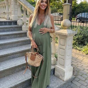 Beaumama robe longue de maternité décontractée à col en v avec poches de couleur unie vert armée