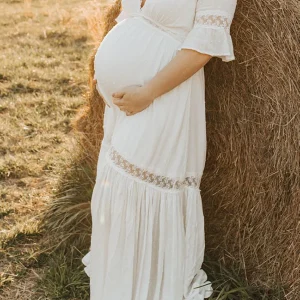 Beaumama robe photo longue grossesse baby shower élégant volants guipure dentelle femme enceinte