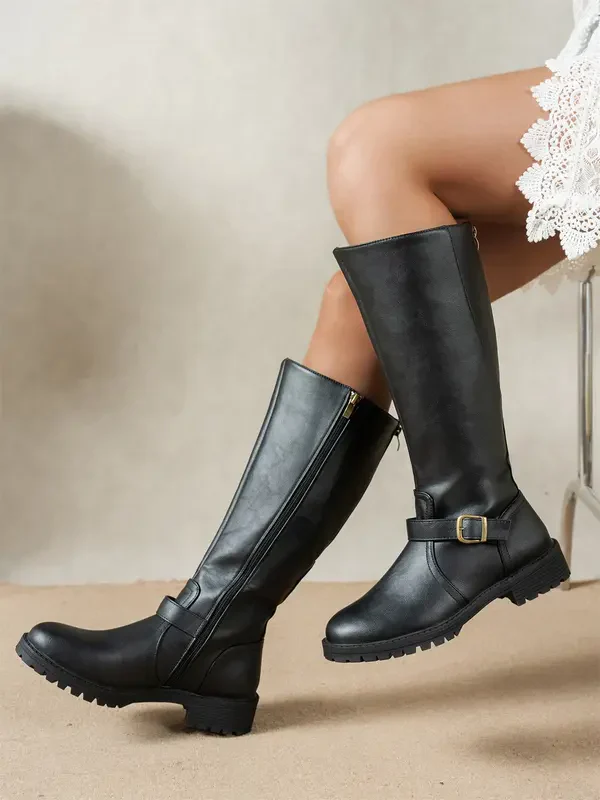 Bottes Femme d’Hiver en Cuir à Talon Bas avec Maintien jusqu’au Genou – Image 4