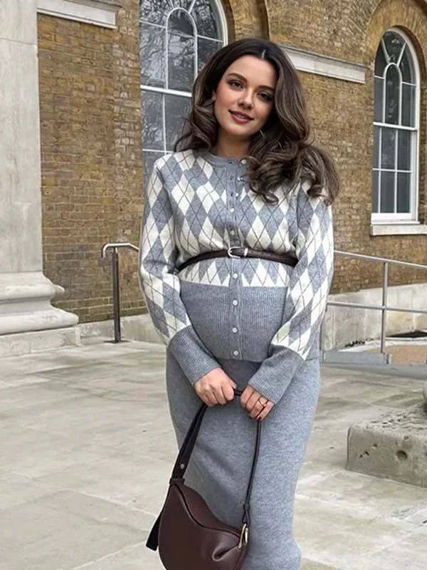 Beaumama gilets en maille jupes 2 pièces grossesse élégant travail motif en losange ceinture couleur bloc femme enceinte – Image 4