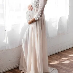 Beaumama robe longue de grossesse fluide dentelle manches longues photo femme enceinte