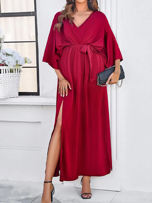 Beaumama robes longue grossesse cérémonie soirée ceinture fendu le côté dos nu fluide élégant femme enceinte – Image 7
