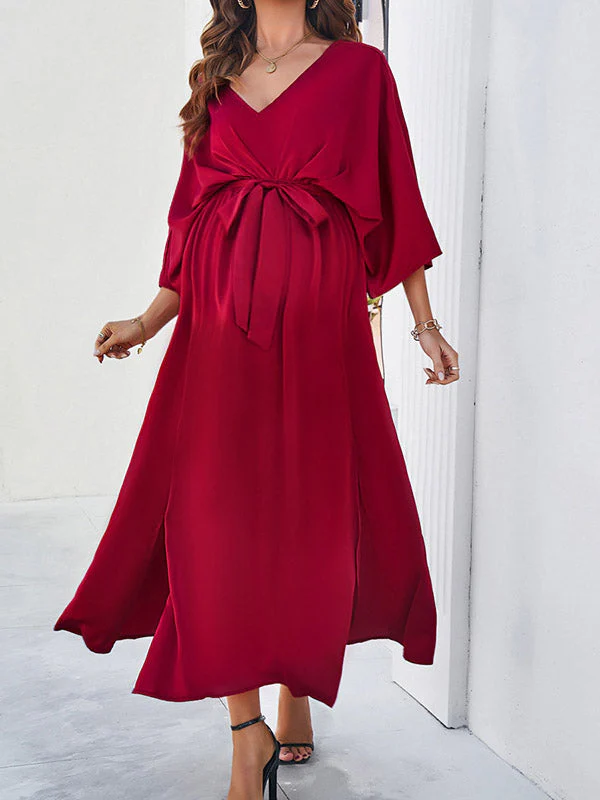 Beaumama robes longue grossesse cérémonie soirée ceinture fendu le côté dos nu fluide élégant femme enceinte – Image 8