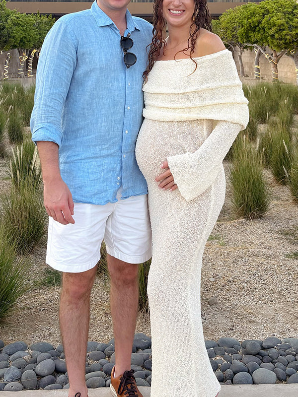 Beaumama robe longue grossesse élégant enceinte shooting vacances crochet tricot poilu plissé moulante femme enceinte – Image 8