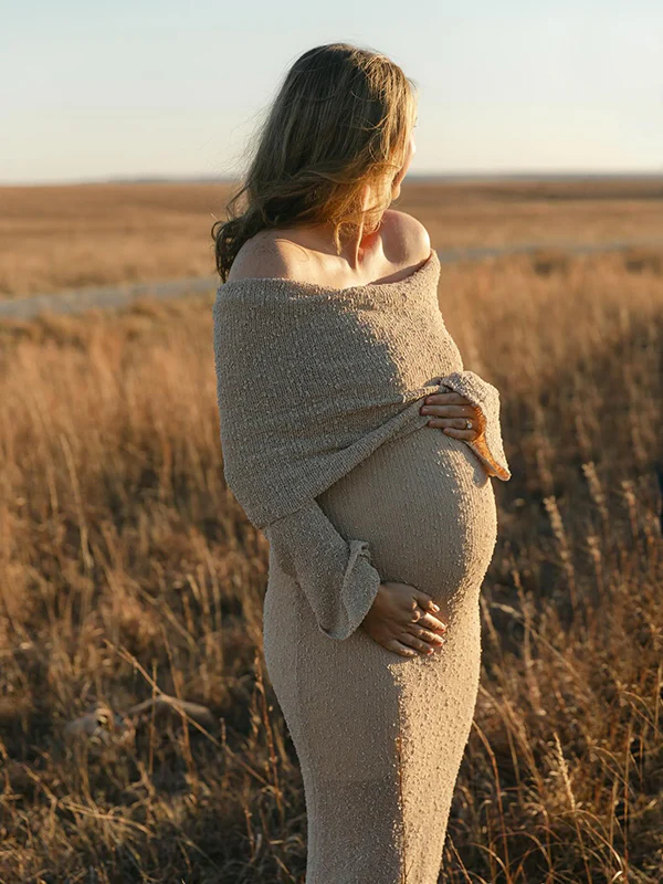 Beaumama robe longue grossesse élégant enceinte shooting vacances crochet tricot poilu plissé moulante femme enceinte – Image 2