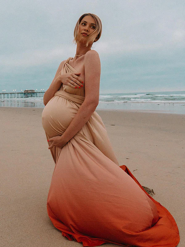 Beaumama robes longue grossesse enceinte shooting couleur dégradé ceinture nœud dos nu fluide femme enceinte