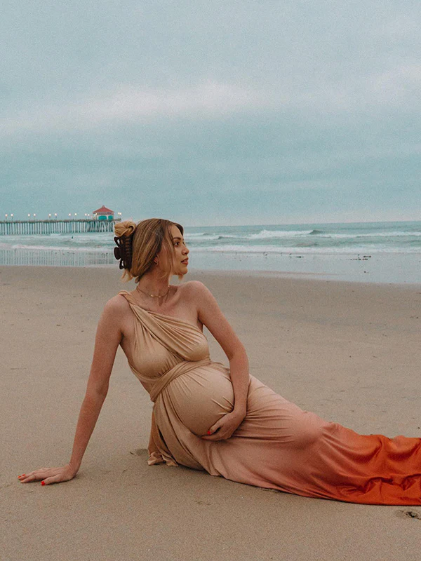 Beaumama robes longue grossesse enceinte shooting couleur dégradé ceinture nœud dos nu fluide femme enceinte – Image 3