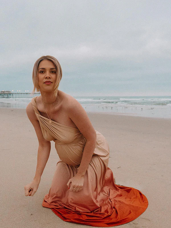 Beaumama robes longue grossesse enceinte shooting couleur dégradé ceinture nœud dos nu fluide femme enceinte – Image 5