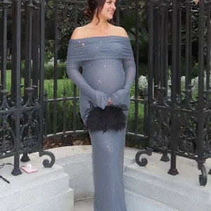 Beaumama robes longue grossesse brillante paillette col bateau manches évasées élégant femme enceinte