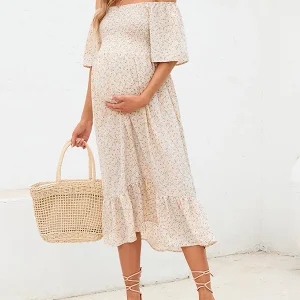 Beaumama robes mi-longue grossesse bohème vacances liberty imprimé fleurie volants plissé fluide femme enceinte