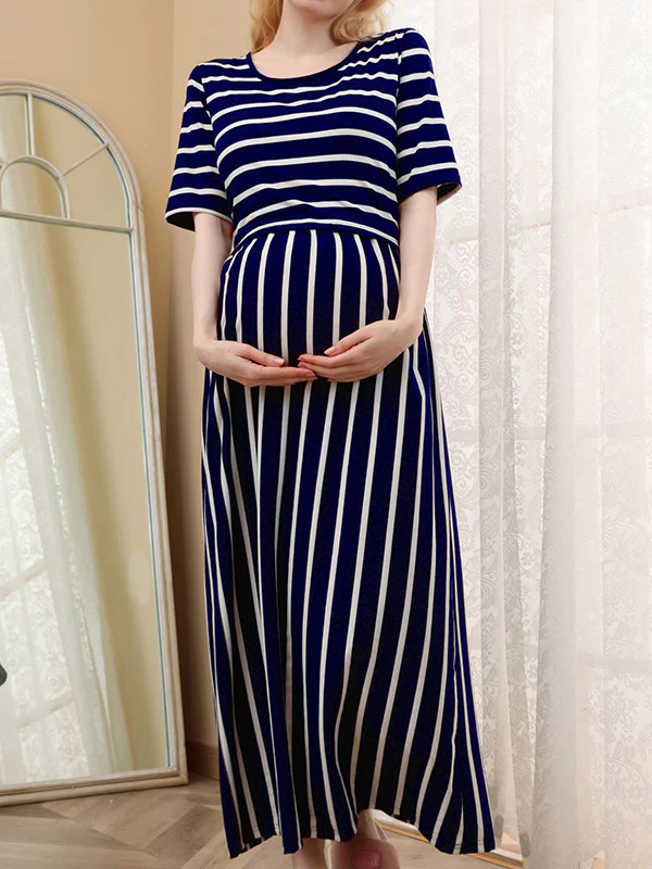 Beaumama robe allaitement longue grossesse casual style maison rayé couleur bloc fluide femme enceinte – Image 3