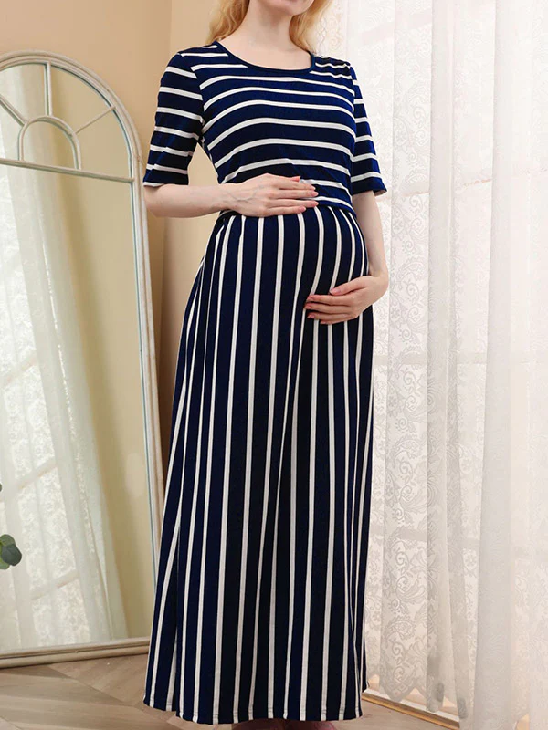 Beaumama robe allaitement longue grossesse casual style maison rayé couleur bloc fluide femme enceinte – Image 4