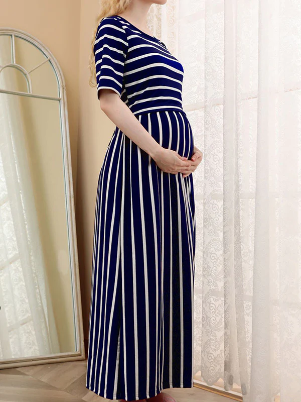 Beaumama robe allaitement longue grossesse casual style maison rayé couleur bloc fluide femme enceinte – Image 5