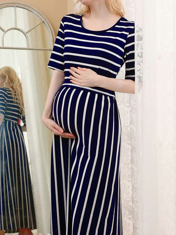 Beaumama robe allaitement longue grossesse casual style maison rayé couleur bloc fluide femme enceinte – Image 6