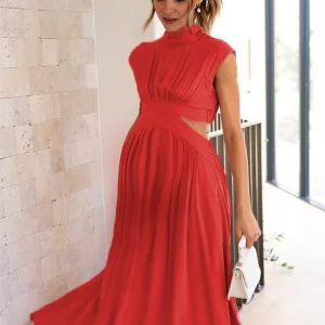 Beaumama robe longue de grossesse taille découpée à col montant chic et douce femme enceinte