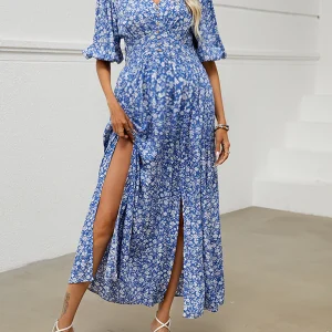 Beaumama robe longue grossesse bohème imprimé fleurie fendu le côté manches bouffantes style vacances femme enceinte