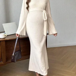 Beaumama robe longue grossesse casual chic ceinture rayé moulante manches trompette femme enceinte