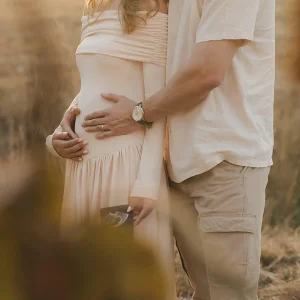 Beaumama robe shooting longue grossesse vacances épaule dénudée plissé trapèze femme enceinte