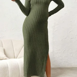 Beaumama robe longue grossesse casual chic fendu le côté moulante rayé femme enceinte