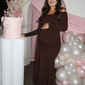 Beaumama robe longue grossesse élégant chic épaule dénudée nœud irrégulier ruban femme enceinte